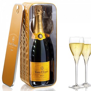 VEUVE CLICQOUT 'SARDIN TIN' style GIFT BOX + 2 skleničky